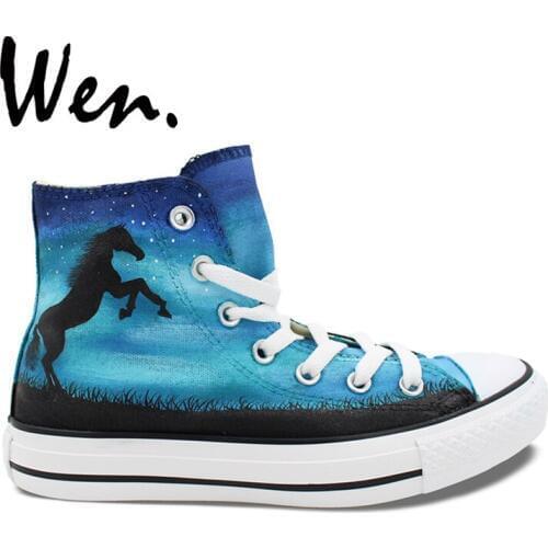 Wen Original Design Custom Hand Painted Shoes Horse Nebula Blue High Top Men Womens Canvas Sneakers Christmas Gifts
