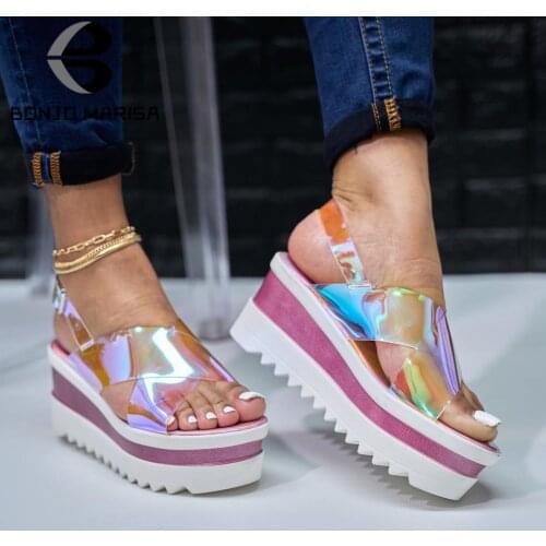 On Sale Dropshipping Open Toe Multicolor PVC Platform Wedges Leisuse Casual Beach Sandals For Women Colorful Thick Sole Shoes