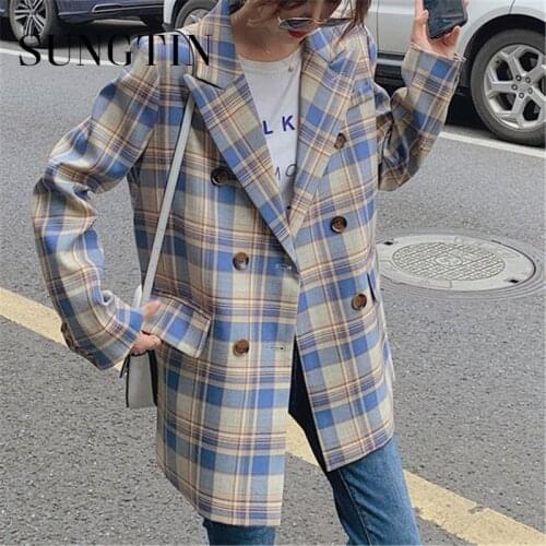 Sungtin Women Office Lady Plaid Oversized Blazer 2021 Elegant Single Breasted Vintage Female Loose Blazer Plaid Jackets OL Korea