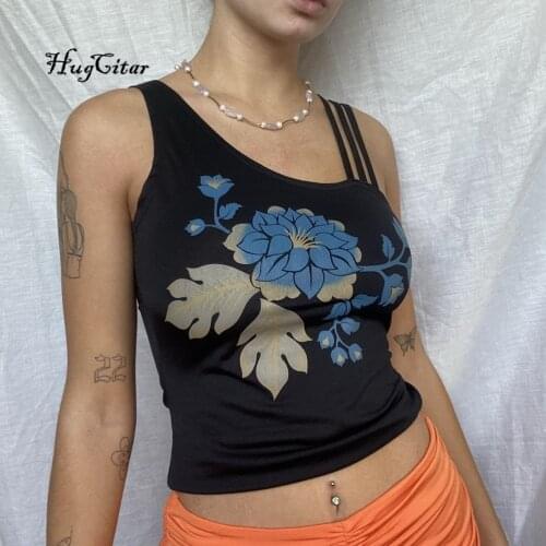 Hugcitar 2021 Sleeveless Floral Vintage Print Sexy Crop Top Summer Women Fashion Streetwear Outfits Camis Y2K Tees
