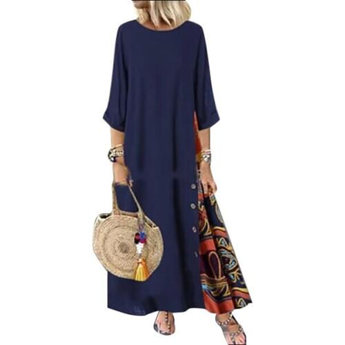 2021 Plus Size Sexy Women Dress Summer Vintage O Neck 3/4 Sleeve Side Buttons Printed Loose Long Dress Lady Dresses M-5XL
