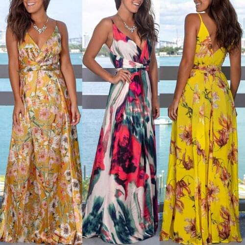 Women Stylish Sleeveless V Neck Floral Print Waist Tight Large Hem Vintage Maxi Dress Maxi Dress vestidos summer dresses Women