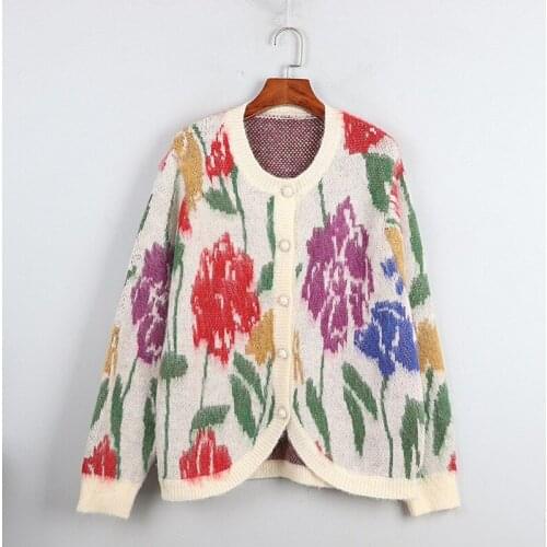 1102 2020 Autumn Free Shipping Fashion Sweater Cardigan Flora Print Crew Neck LOng Sleeve Button