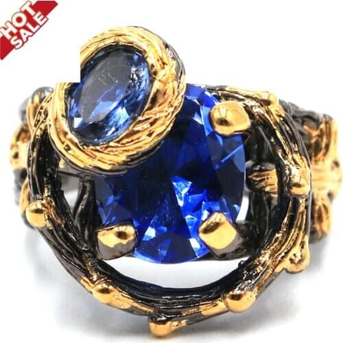 18x16mm Vintage Cool Black Gold Color Rings Hip Hop Luxury Created Violet Tanzanite Paris Blue Topaz Jewelry Wholesale Drop