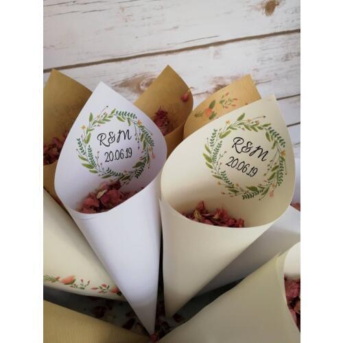 25pcs Personalized wreath Wedding Confetti Cones Paper Custom Monogram petal rice favor candy cones birthday party popcorn cone