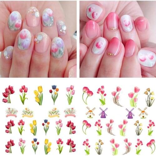 6pcs/set Nail Water Decals Colorful Tulip Flowers Transfer Stickers Floral Nail Art Slider Sticker Dutch Windmill Tattoo Decals