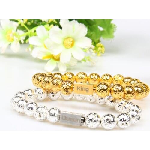 Ailatu Couple Jewelry King and Queen Stainless Steel Cube 8mm Plated Natural Lave Stone Beads Bracelet 10 Pieces Wholesale