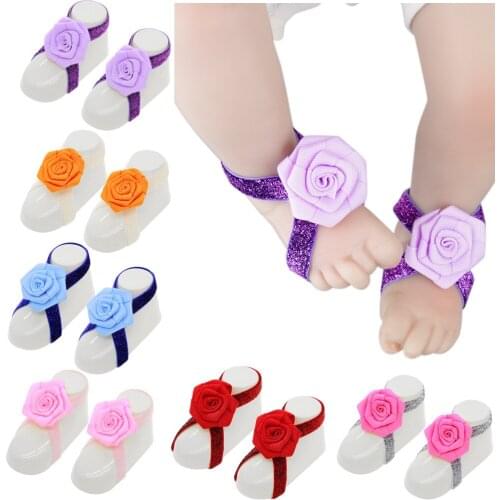 Nishine New 2pcs/pair Newborn Toddler Elastic Glitter Band Barefoot Sandals Ribbon Ruffled Rose flower Shoes Baby Photo Props
