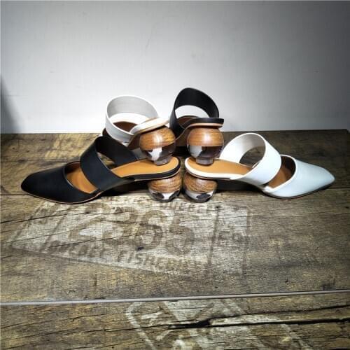 Summer Ladies Thick Strap Sequare Toe Wooden Patched Round Ball Heels Slip on Slingbacks High Heels