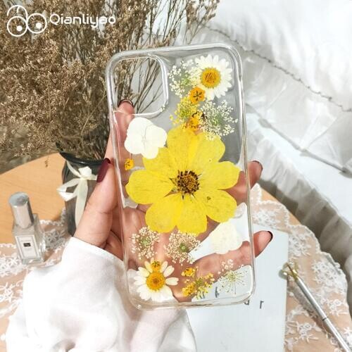 Qianliyao Real dried flower phone case for iphone 12 11 pro max X XS XR 7 8 plus 6 6s SE natural handcraft flower soft cover