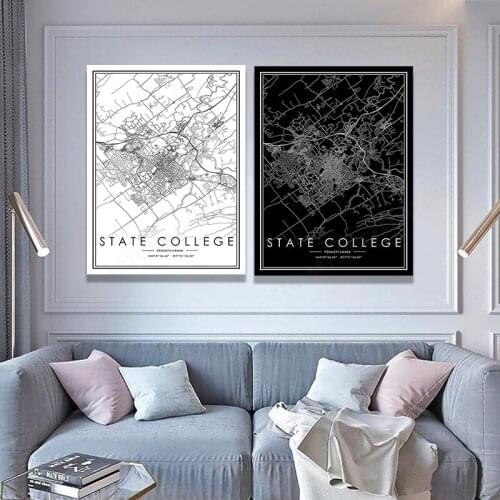 Black White World City Map Canvas Painting State College City Line Wall Art Print Poster Room Decoration Picture
