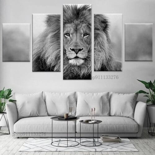 Black And White Animals Modular Canvas Pictures Art 5 Pieces Lion Poster Decor Living Room Wall HD Printing Paintings Framework