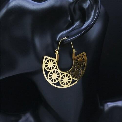 Indian Hoop Stainless Steel Mandala Openwork Flower Tribal Ethnic Earrings Gold Color Bohemian Earrings Women Jewelry E9204S01