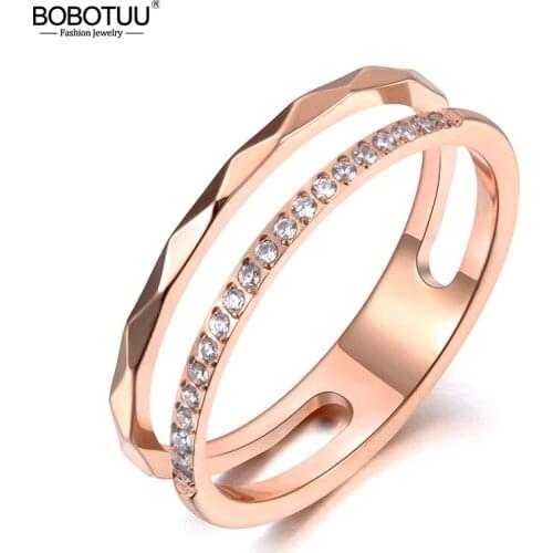 BOBOTUU Neo-Gothic Stainless Steel Cut Face Ring Trendy Mosaic CZ Crystal Rose Gold Wedding Rings Jewelry For Women BR19063