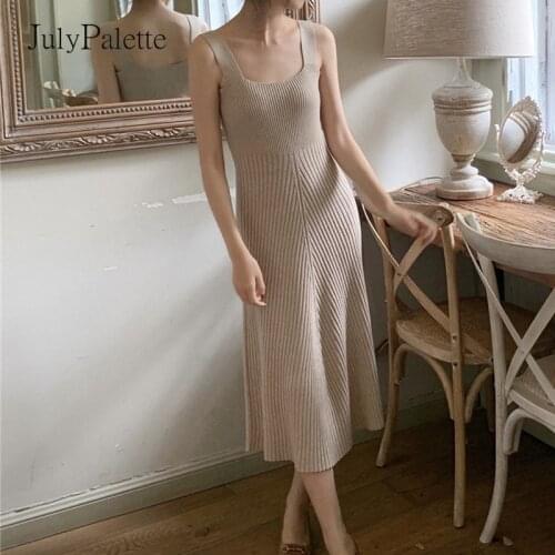 JulyPalette Sexy Square Collar Spaghetti Strap Knitted Dress 2021 Autumn Elegant Ladies Slim Knit Dress Solid Casual Vestidos