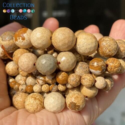 Natural Faceted Picture Jaspers Stone Spacer Loose Round Bead For Jewelry Making 4-12 MM DIY Bracelets Accessories Wholesale 15"