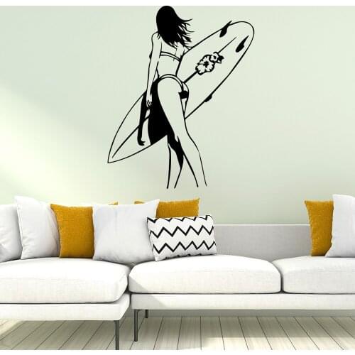 Pretty Surfing girl Decorative Sticker Waterproof Home Decor For Living Room Kids Room Sticker Mural adesivi murali