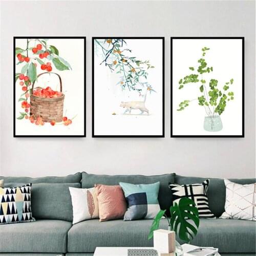 Nordic Style Green Plants and Red Fruits Cherry Wall Art Canvas Painting Posters Prints Wall Pictures For Living Room Home Decor