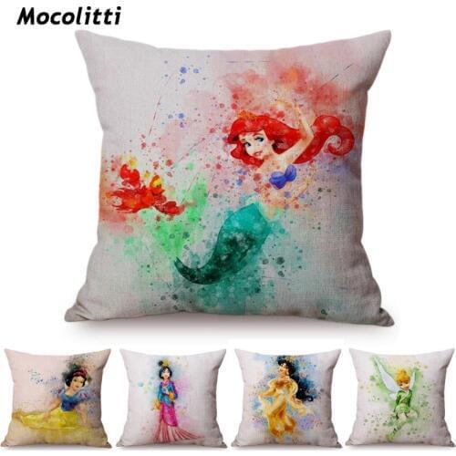 Water Color Mermaid Ariel Rapunzel Cartoon Cushion Cover Snow White Princess Cute Girl Home Decor Room Sofa Throw Pillow Cover