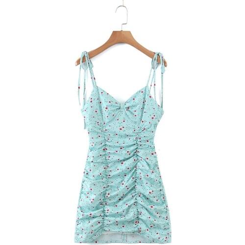 2021 Women New Summer Za Dress Floral Printed Folds Package Hip Elastic Slim Mini Sling Ladies Dress Sexy Mujer Vestidos