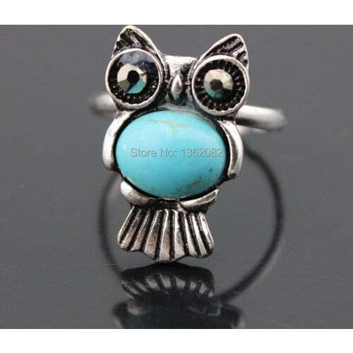 New Cute Antique Silver Plated Owl Stone Rings for Girl Womens Fashion Jewelry Owl Opening Rings Gift MR95