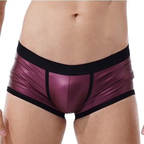 Sexy Mens Lingerie Faux Leather Boxer Shorts Bulge Pouch Elastic Waistband Underpants Low Waist Swimming Trunks Swimwear