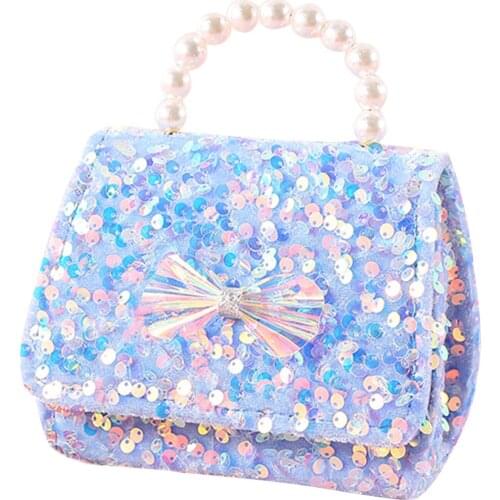 Cute Glitter Sequin Crossbody Bag with Chain Elegant Pearl Handle Handbag Bow Decor Girls Shoulder Bag Gifts Shiny Princess Bags