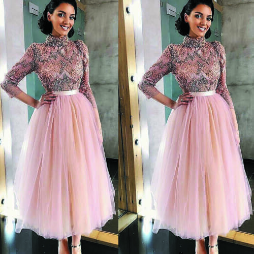 SuperKimJo High Neck Pink Prom Dresses 2020 Ankle Length Beaded Lace Applique Cheap Prom Gown Vestidos De Gala