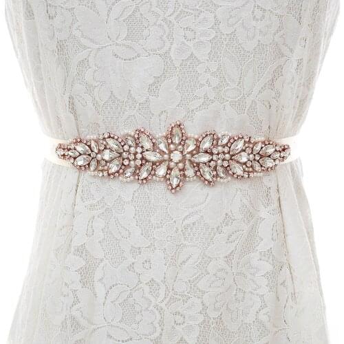 SESTHFAR Rhinestones Bridal Belt Handmade Pearls Belt Rose Gold Rhinestones Wedding Belt For Wedding Dress