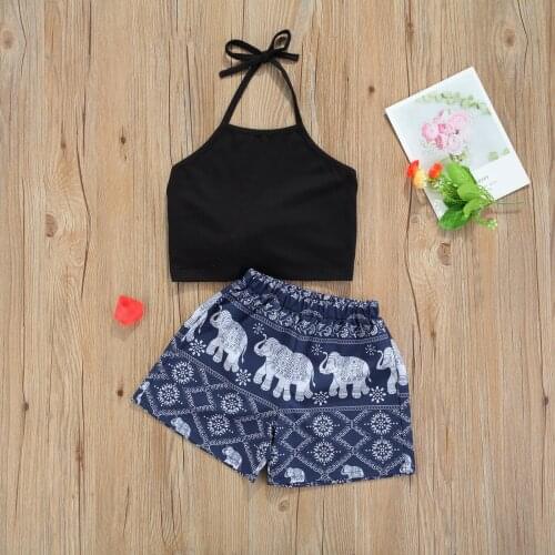 Girl Neck-Hanging Tops Shorts Suit Bowknot Lace Up Summer Shirt Vest Retro Printed Loose Pants