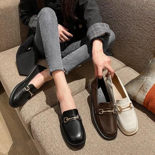 Casual Low Heels Shoes Women Leather Loafers Square Toe Slides Metal Decoration Slip on Pumps Big Size Oxford Black White Brown
