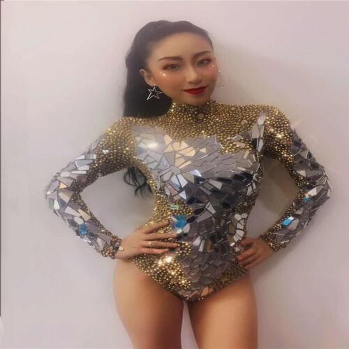 X50 Female Rhinestone bodysuit sexy singer perform jumpsuit silver mirror outfits women dress diamonds clothe stage costumes dj