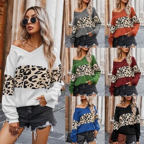 Womens Clothing 2020 Autumn and Winter New Simple V-neck Color-Block Leopard-Print Sweater Women