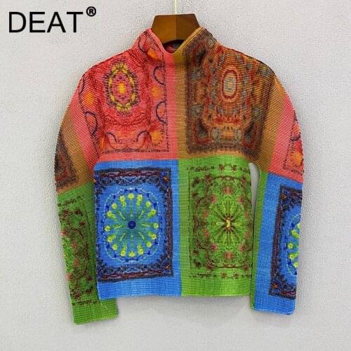DEAT Women Pleated T Shirt Hit Color Print Stand Collar Long Sleeve Elastic Casual Style Loose 2021 New Autumn Fashion 15JK458