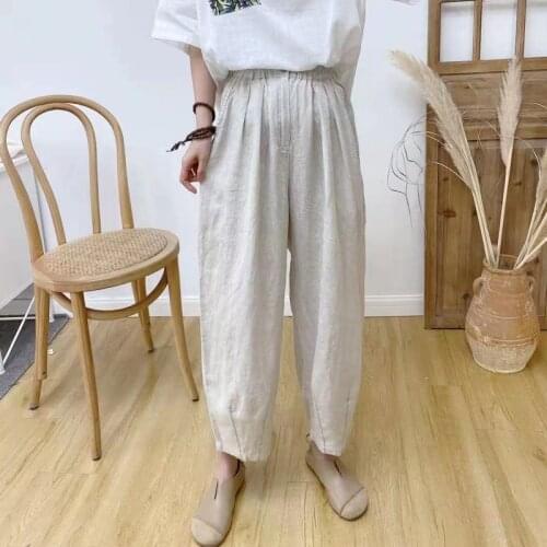 Johnature New Linen Harem Pants 2021 Summer Vintage Elastic Waist Loose Elastic Waist Pocket Ankle-length Women Pants