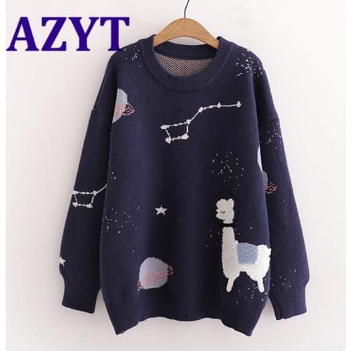 AZYT Autumn Winter Pullover Womens Sweater 2020 Japanese Cute Cartoon Print Knit Womens Jumpers Chic Soft Student Sweater