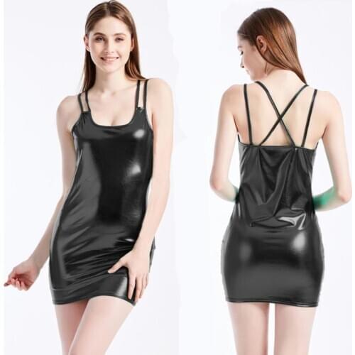 Women Sexy Metallic Shiny Bodycon Mini Dress Spaghetti Strap Criss-Cross Back Faux Leather Club Wear Rave Dance Club Dress