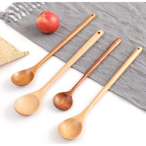 1pc Long Spoons Wooden Korean Style 100% Natural Wood Long Handle Round Spoons For Soup Cooking Mixing Stirr Kitchen Supplies