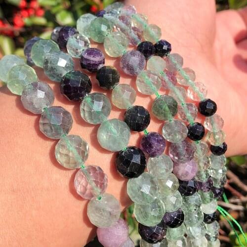 Natural Faceted Colorful Fluorite Quartz Gem Stone Beads Loose Spacer Beads For Jewelry Making DIY Bracelets 7.5"Inches 6/8/10mm