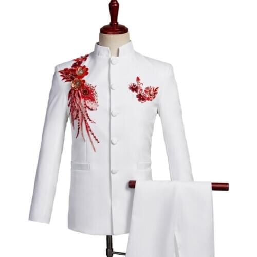 Coustume homme Blazer men groom suit set with pants mens Chinese tunic suit Sequin white singer stage clothing formal dress