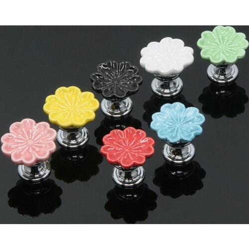 Colour Flower kids knobs children room furniture handles 7 colors shell ceramic drawer shoe cabinet knobs black pink red blue