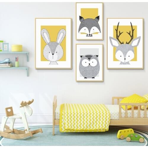 Baby Deer Fox Owl Beer Rabbit Poster Nursery Animal Print Cartoon Canvas Painting Yellow Grey Wall Art Kids Room Decor