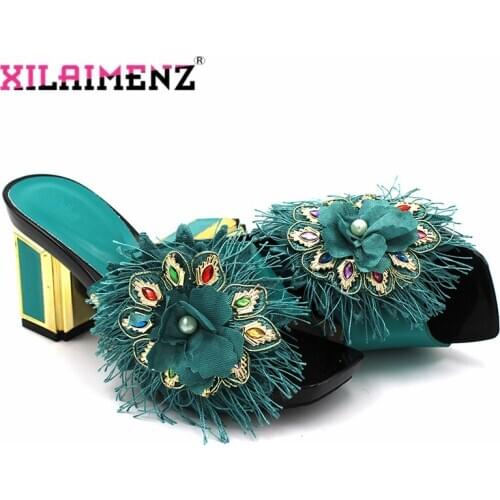 2020 Elegant Style Nigerian Women Shoes in Teal Color Comfortable Heels Decorate with Rhinestone for Wedding Party