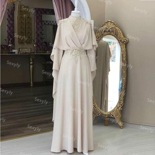Elegant Kaftan Morrocan Evening Dress Vintage High Neck Chiffon Gray Dubai Arabic Muslim Evening Gowns Prom robe soiree mariage