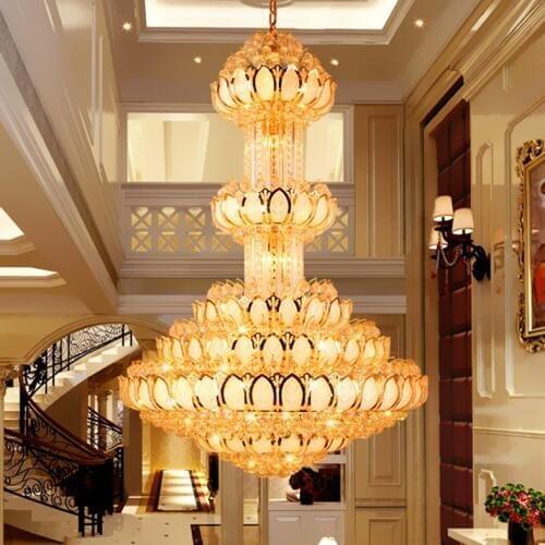 Crystal Chandelier Lighting Fixture LED Gold Chandeliers Lotus Flower Big Long Droplight Hotel Lobby Hall Villa Indoor Lamps