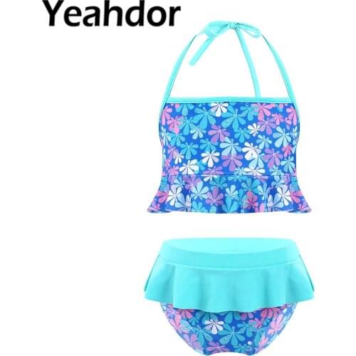 2pcs Kids Children Girls Floral Print Swimwear Swimming Suit Halter Lace-up Ruffle Trim Crop Top and Briefs Set Bathing Swimsuit