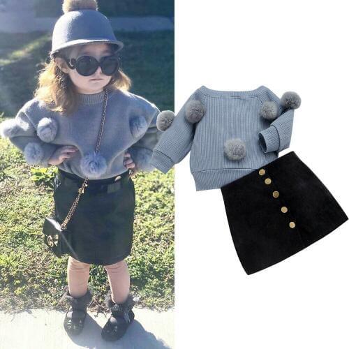 1-6T 2PCS Toddler Kid Baby Girl Clothes Set Winter Knitted Sweater cardigan With Hairball Shirt + MIni Skirt Dress Outfits Set