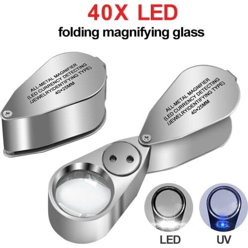 Metal Foldable Portable Magnifier Eye Loupe 40X Magnifying Glass with LED UV Light Lamp for Jewelry Diamond Banknote Checking