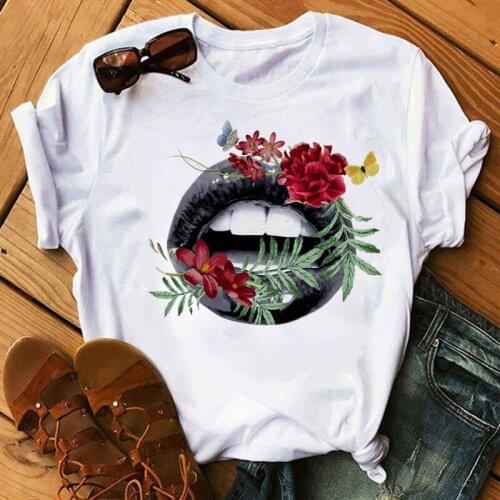 Fashion Women T Shirt Butterfly Flower and Lips Print Harajuku Tee Shirts Cute Female Short Sleeve Tops Ladies Summer White T-sh