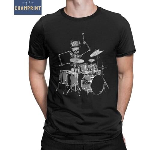 Skeleton Drum Kit Hat Music Band T-Shirts for Men Vintage Pure Cotton Tee Shirt Crewneck Short Sleeve T Shirt Gift Idea Clothing